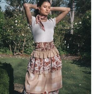 New AMBRA MADDALENA Guinivera Tiered Midi Skirt $200 US 4 Checks & Florals